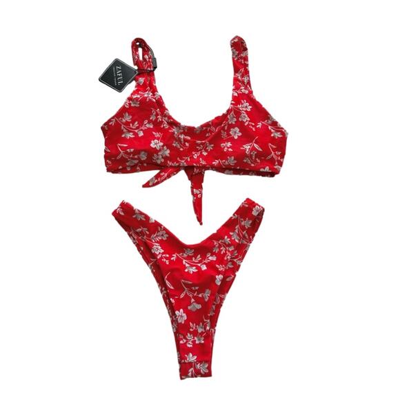 Zaful Bikini Set Red White Floral Knot Cheeky Two Piece Swim Bikini Size 4 NEW - Picture 4 of 11